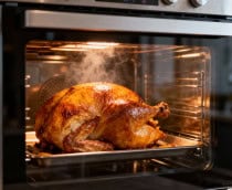 Imagem criada por IA mostra vista interna de um forno elétrico moderno com acabamento em aço inoxidável e porta de vidro, exibindo um peru assado dourado e suculento sobre uma grade metálica
