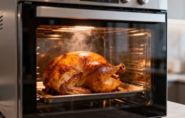 Imagem criada por IA mostra vista interna de um forno elétrico moderno com acabamento em aço inoxidável e porta de vidro, exibindo um peru assado dourado e suculento sobre uma grade metálica