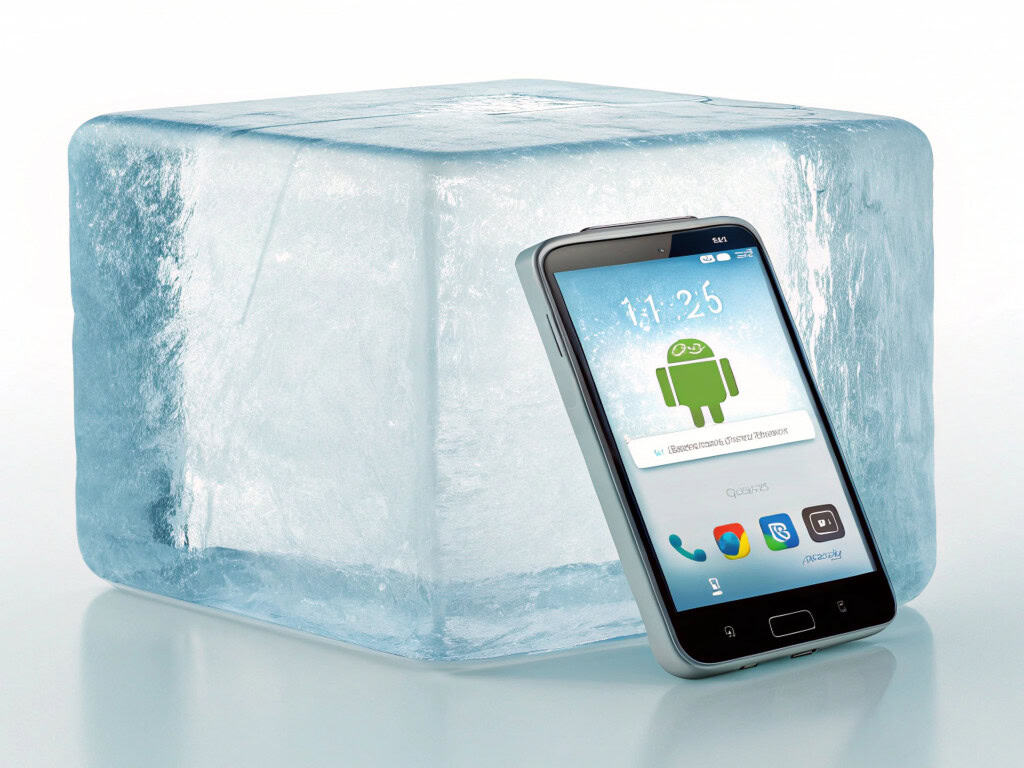 Imagem criada por IA ilustra configurações e funções do Android, como a hibernação. Celular e bloco de gelo