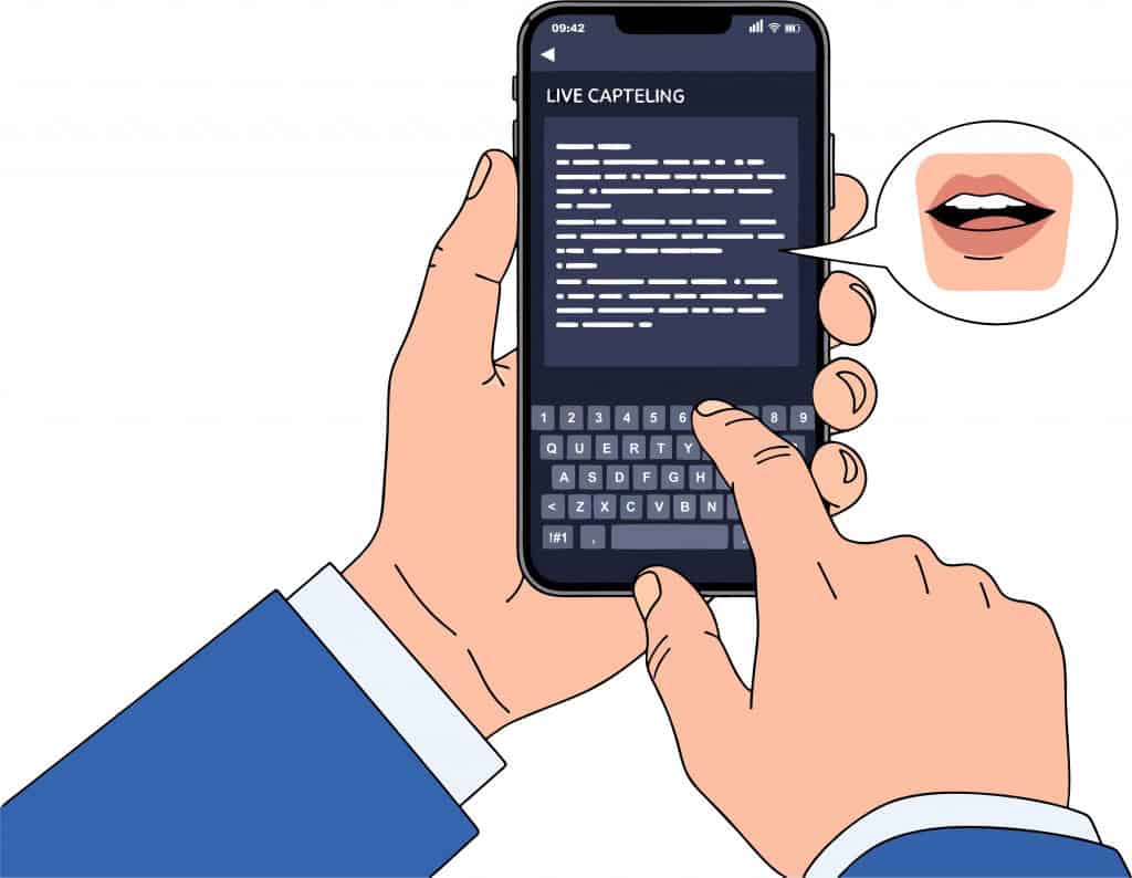 Ilustração mostra uma das funções e configurações do Android, pessoa usando smartphone para legendas ao vivo
