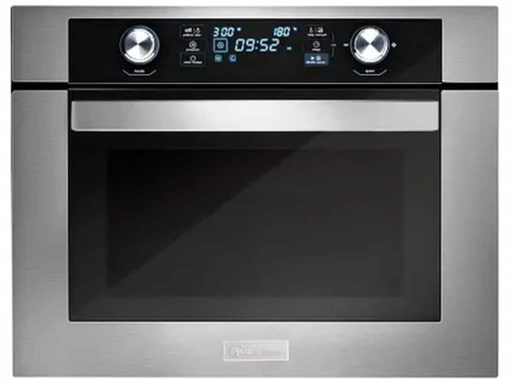 Forno elétrico Midea de 45 litros em acabamento preto fosco, com design sóbrio, três botões mecânicos verticais e visor de vidro temperado