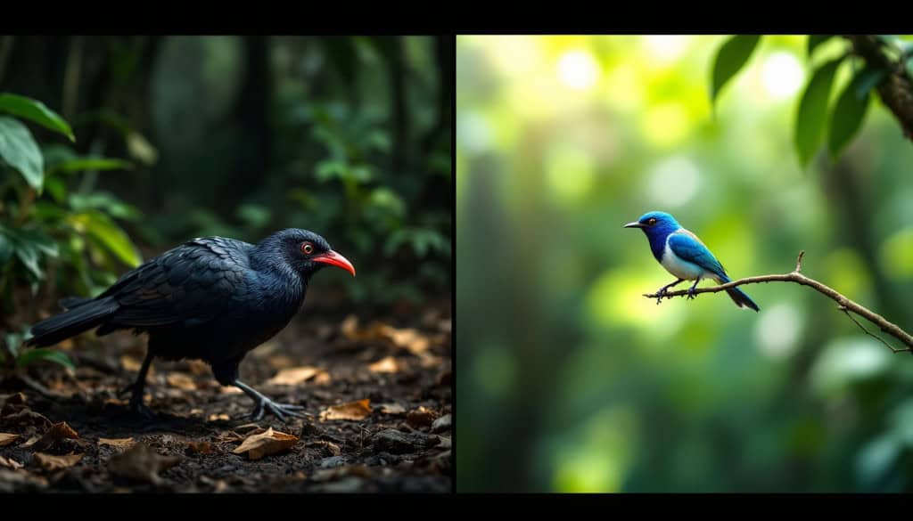 Imagem gerada por IA mostra comparação entre mutum-de-bico-vermelho em habitat de mata densa no solo com vegetação baixa (esquerda) e saíra-apunhalada em copas de árvores com galhos finos (direita), mostrando diferenças de habitat, tamanho e comportamento das duas espécies ameaçadas do Brasil