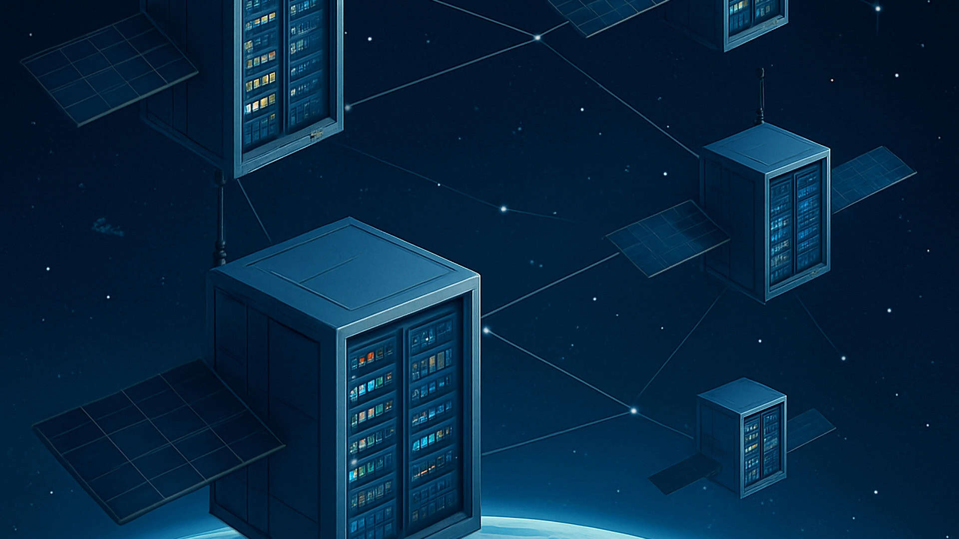 Representação artística de satélites misturados com data centers