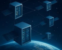 Representação artística de satélites misturados com data centers
