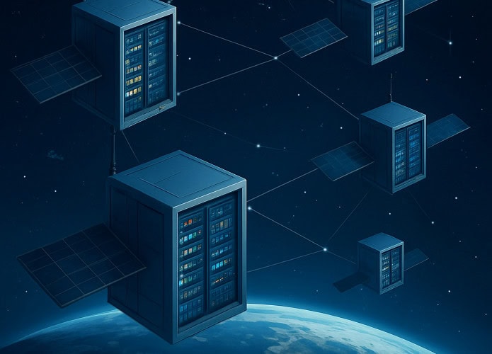 Representação artística de satélites misturados com data centers