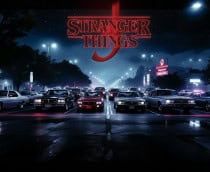 Imagem criada por IA mostra carros clássicos em avenida noturna com iluminação azul, remetendo ao visual da série Stranger Things, da Netflix