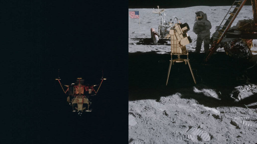 Montagem com duas fotos da missão Apollo 16, da NASA, na Lua