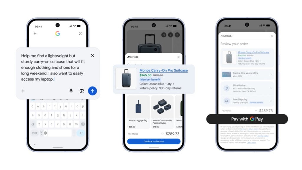 Montagem com três etapas de uma compra feita no Gemini do Google
