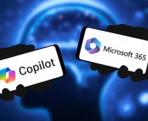 Pessoas segurando celulares com ícones do Copilot e do Microsoft 365 na tela