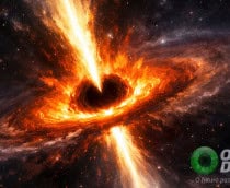 Ilustração de buraco negro emitindo jatos de plasma no espaço