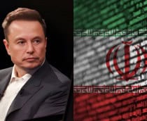 Montagem com imagens de Elon Musk e ilustração de bandeira do Irã feita com códigos de programação