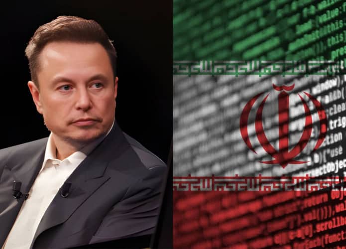 Montagem com imagens de Elon Musk e ilustração de bandeira do Irã feita com códigos de programação