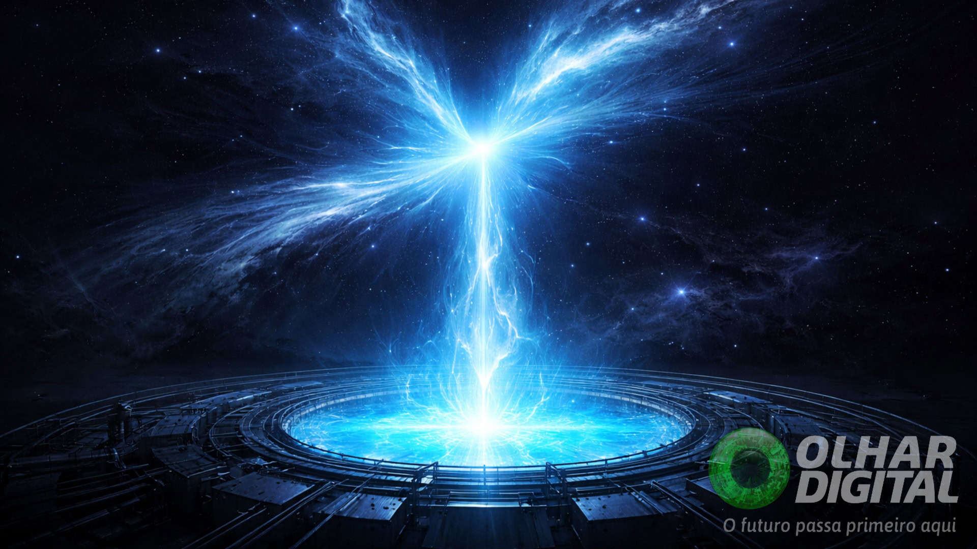 Ilustração de reator nuclear emitindo raio azul de energia que se dissipa no ar