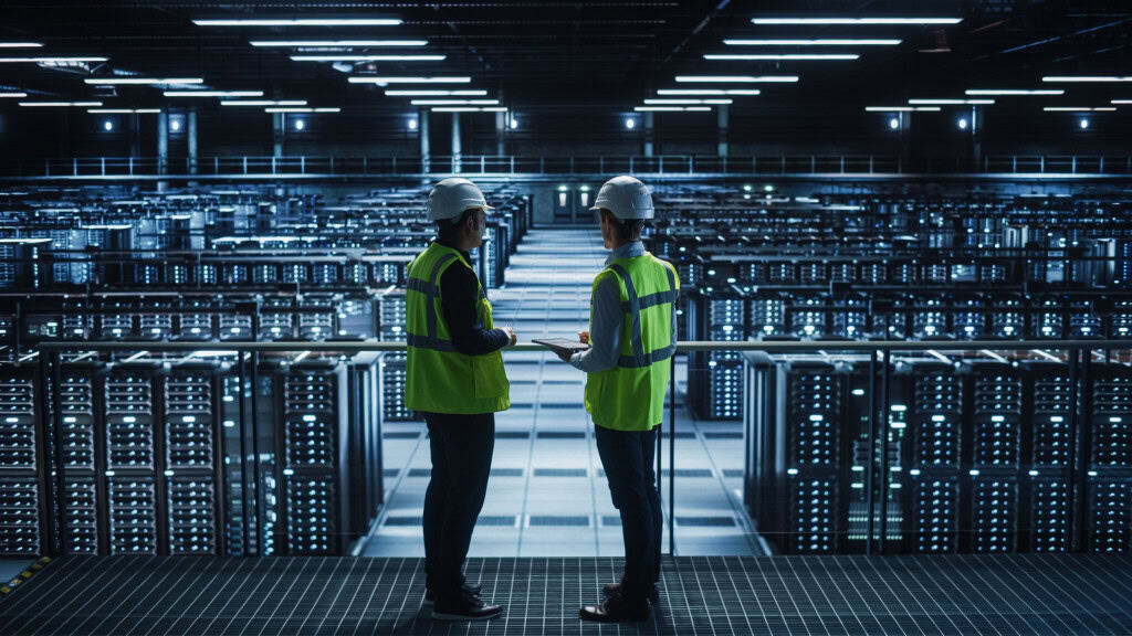 Dois homens com uniforme de segurança em data center