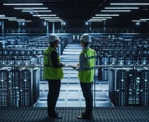 Dois homens com uniforme de segurança em data center