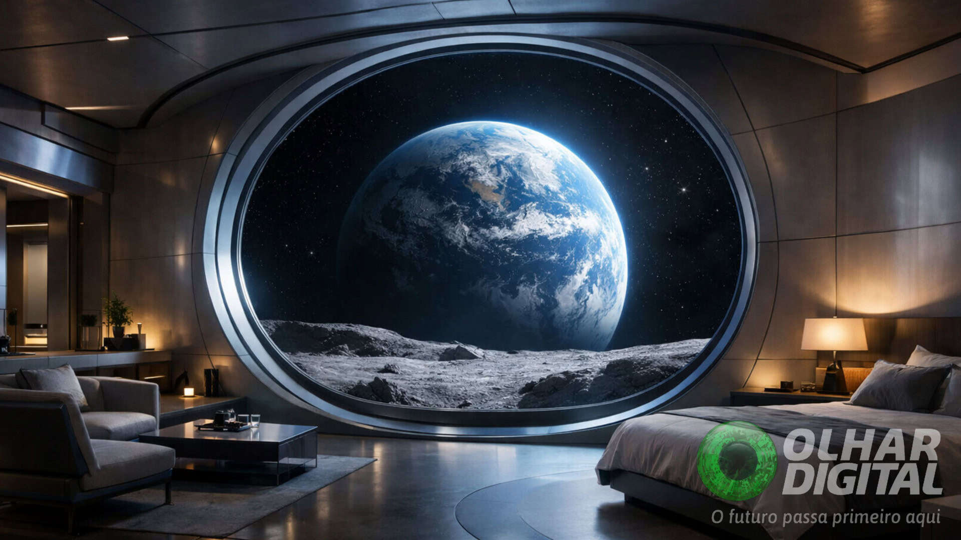 Ilustração de quarto de hotel com janela enorme e redonda com vista para a Lua e a Terra