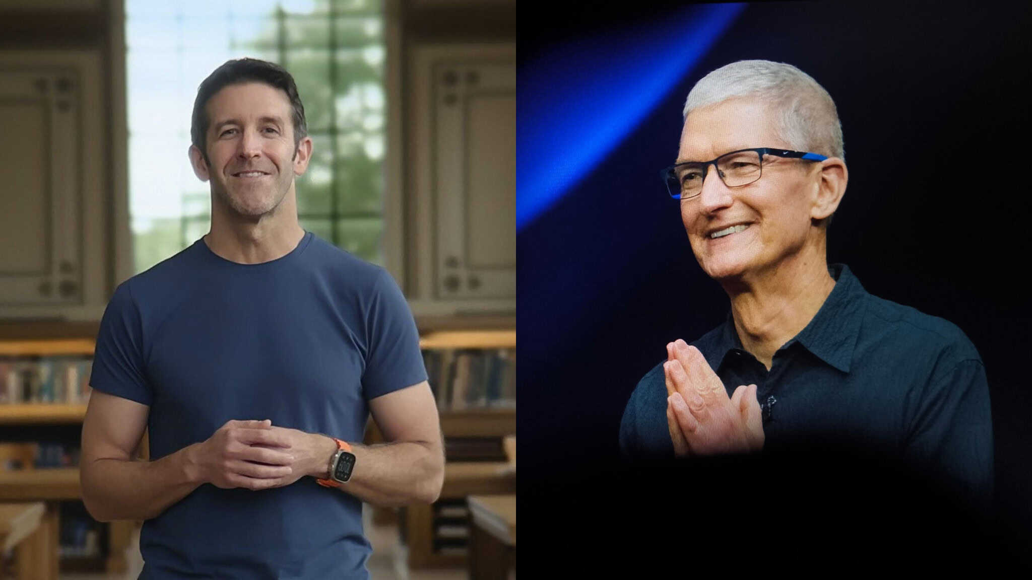 Montagem com imagens de John Ternus e Tim Cook
