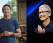 Montagem com imagens de John Ternus e Tim Cook