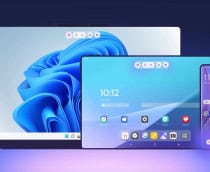 Montagem com notebook, tablet e celular rodando a Qira, nova plataforma de inteligência artificial (IA) da Lenovo