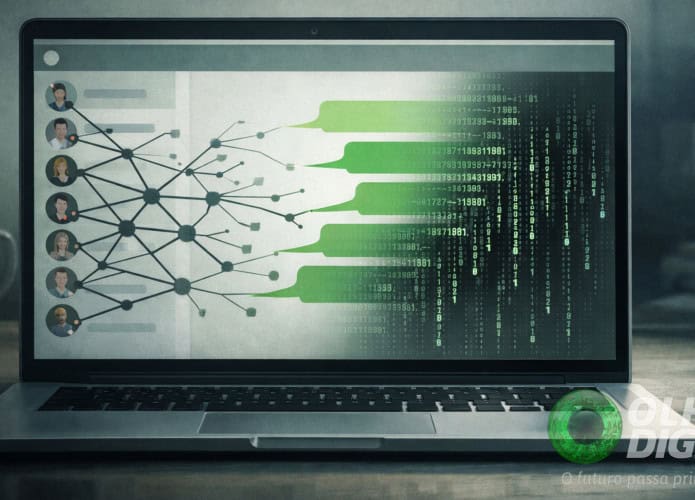 Ilustração de contatos sendo infectados por vírus numa interface que lembra o WhatsApp Web num notebook