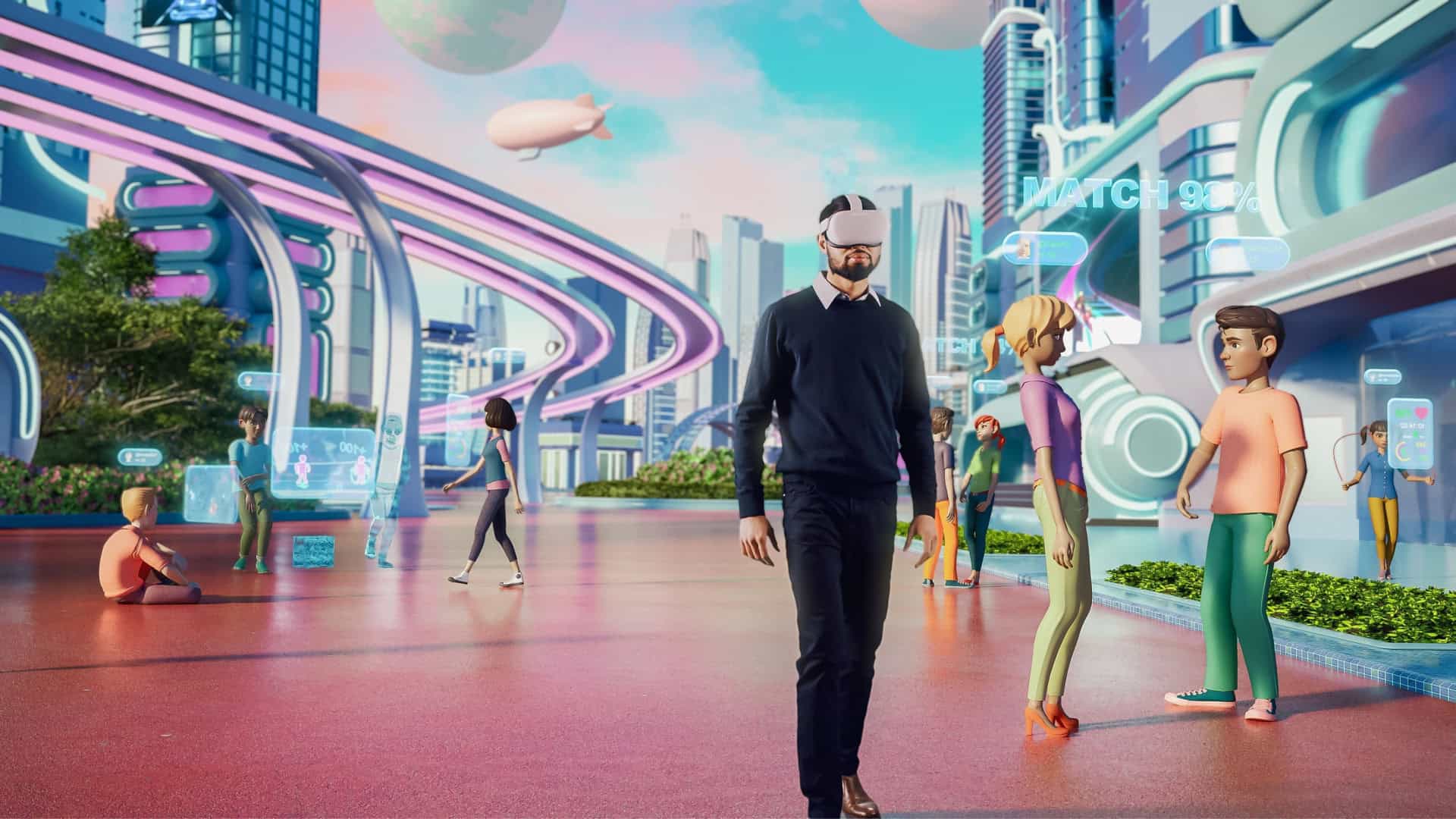 Montagem de homem usando headset com metaverso ao fundo