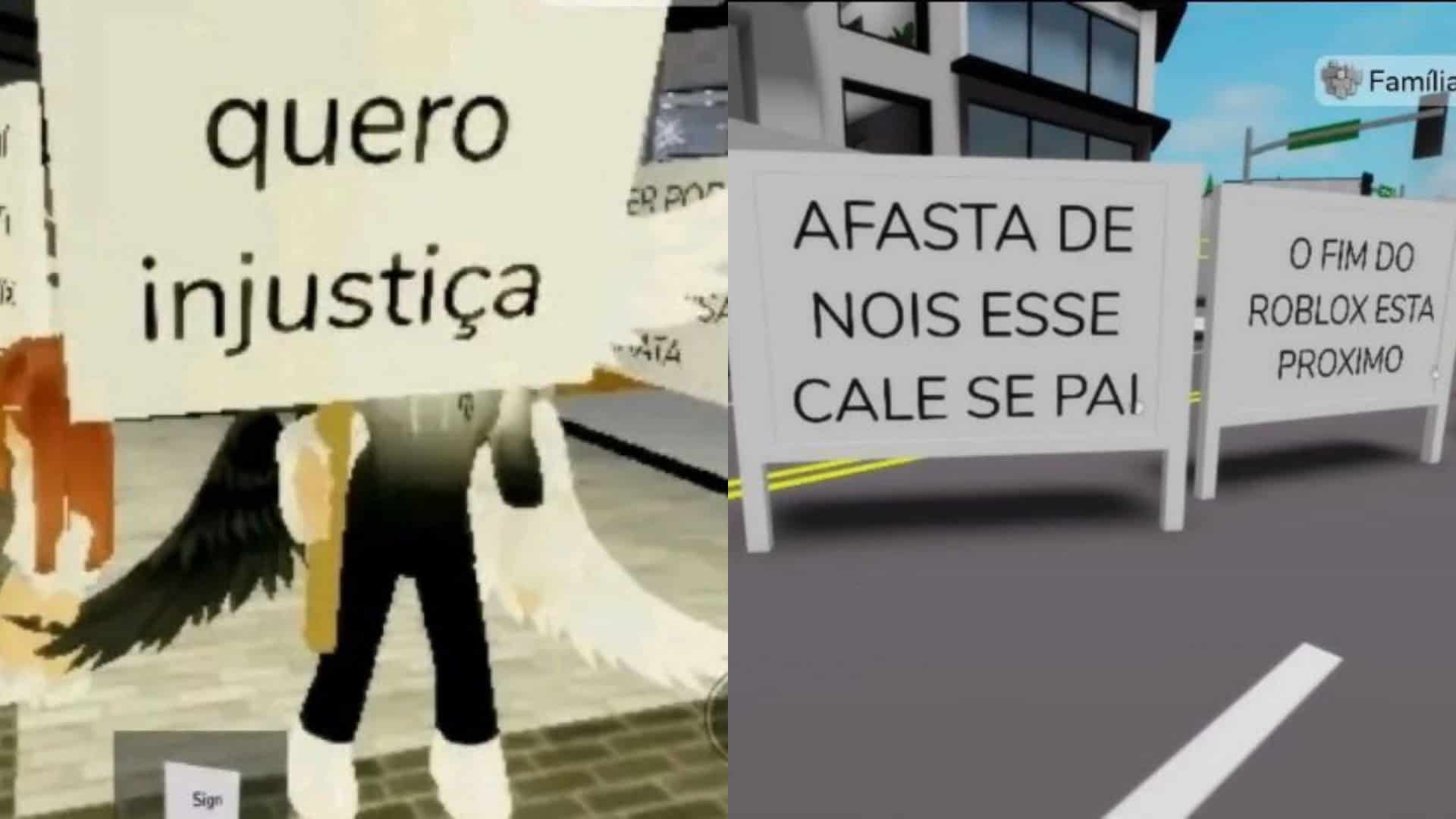 Montagem com capturas de tela de protestos no Roblox