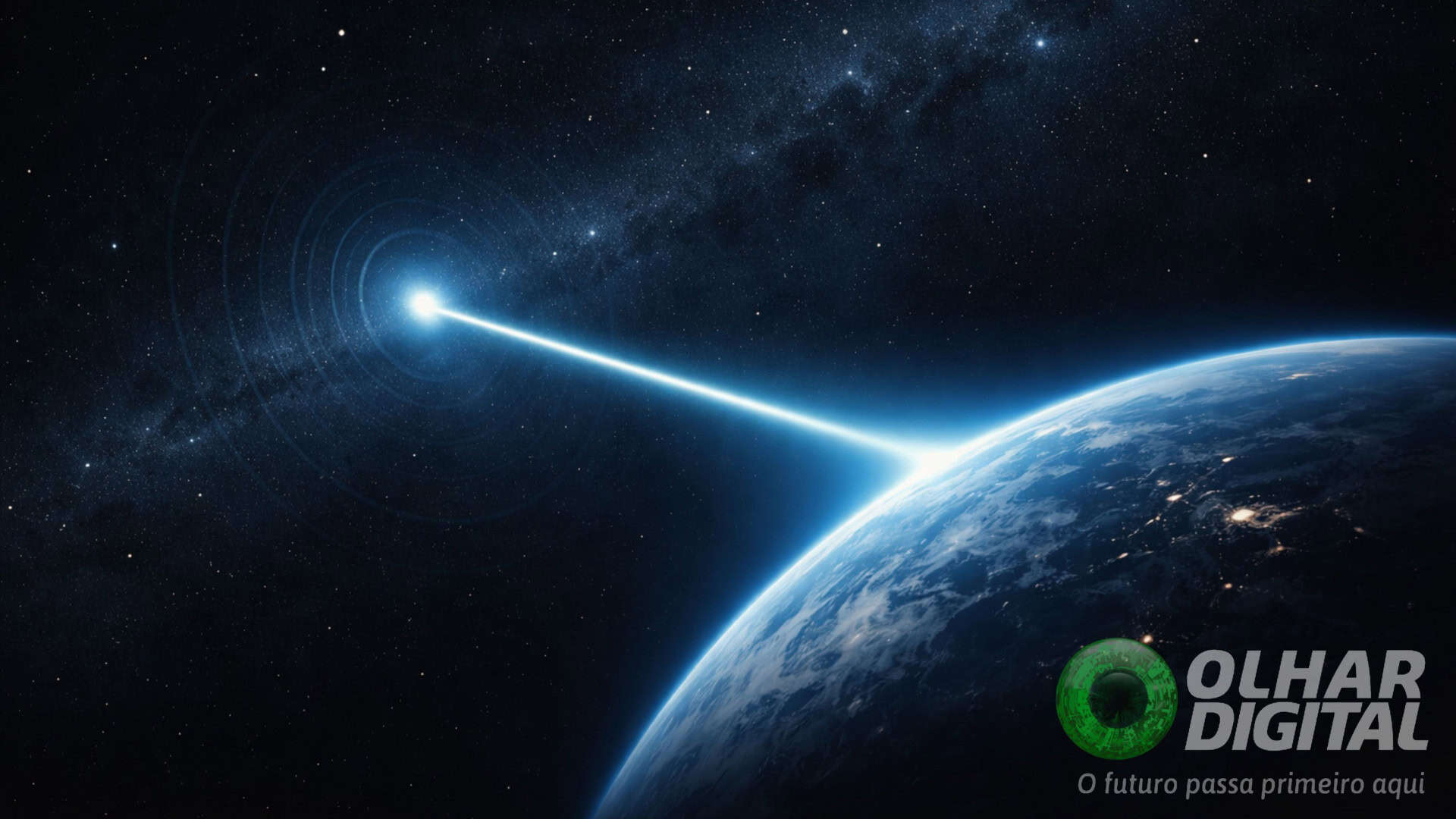 Ilustração de sinal entre planeta Terra e espaço materializado num raio azul de energia