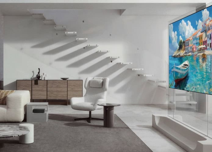 Foto que mostra smart TV LG OLED Evo W6 de lado numa sala