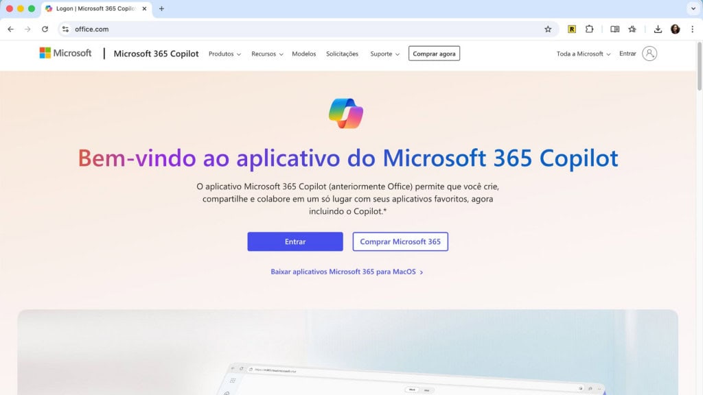 Captura de tela da página "office.com" da Microsoft