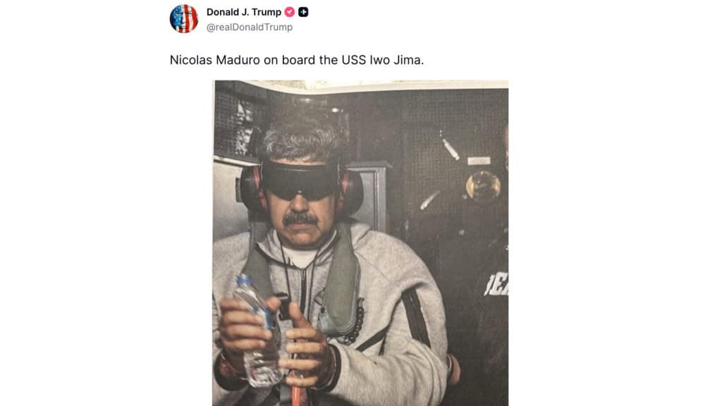 Captura de tela de postagem de Donald Trump com foto de Nicolás Maduro capturado