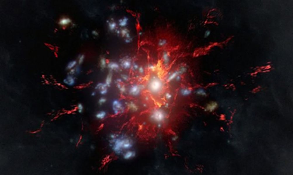 Representação artística do gás molecular no meio intraclusteral de SPT2349-56. (MPIfR/N.Sulzenauer/ ALMA )