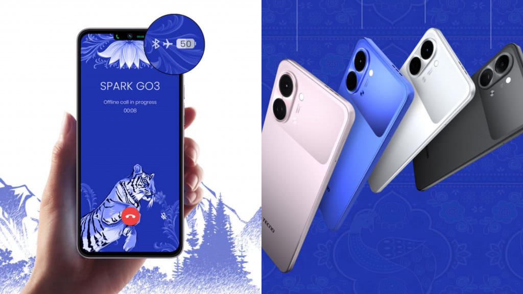 Montagem com imagens mostrando parte frontal e traseira do celular Spark Go 3, da chinesa Tecno Mobile