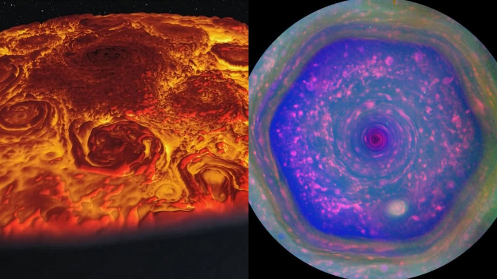 Montagem com projeções de tempestades nos polos de Júpiter e Saturno
