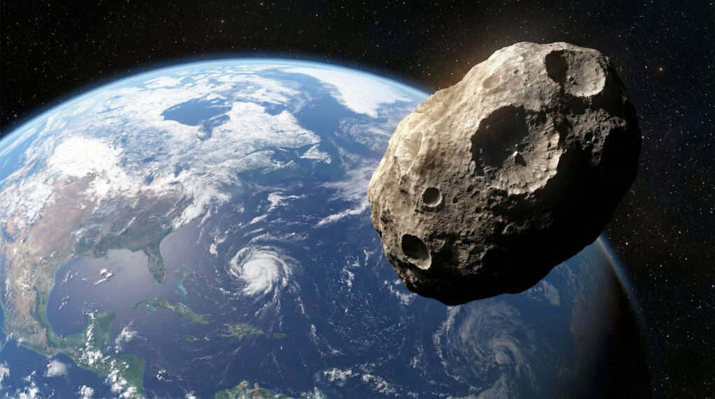 Ilustração artística realista mostra um grande asteroide rochoso e cinzento em primeiro plano, flutuando no espaço, com o planeta Terra azul e iluminado ao fundo.