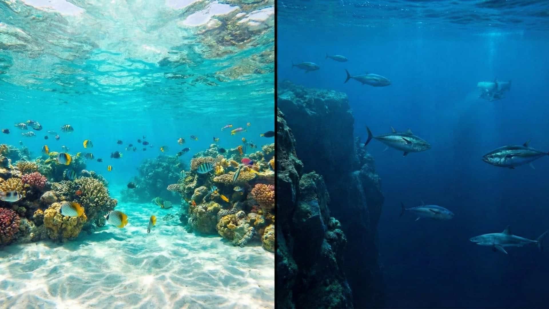 Duas imagens dividindo a tela para exemplificar o que é mar e oceano