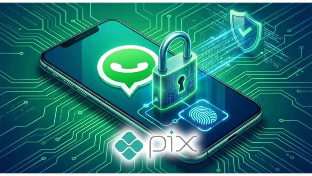Ilustração conceitual de segurança digital mostrando um smartphone com o logotipo do WhatsApp na tela, sobreposto por um cadeado prateado tridimensional e o ícone do Pix, simbolizando a proteção de pagamentos no aplicativo. Fundo com elementos digitais abstratos em tons de verde.