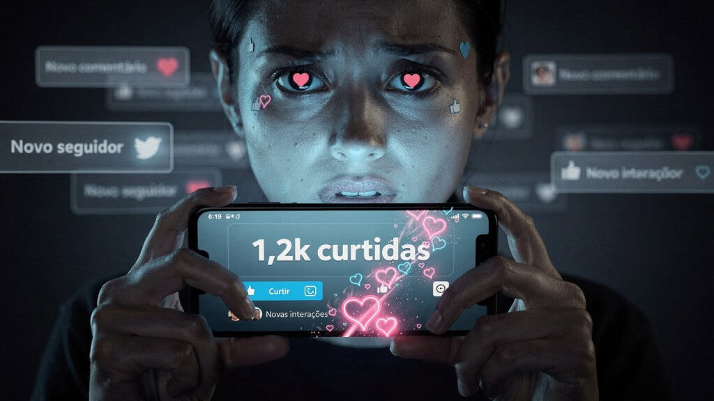 Mulher olhando as curtidas em seus posts pelo smartphone