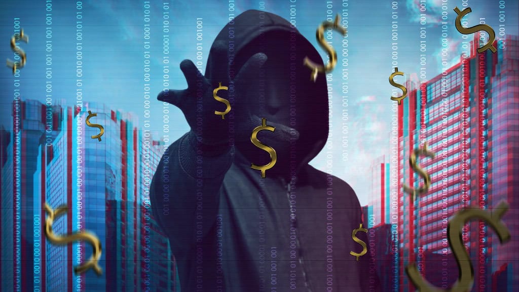 Montagem com hacker encapuzado estendendo a mão para pegar cifrões de dinheiro