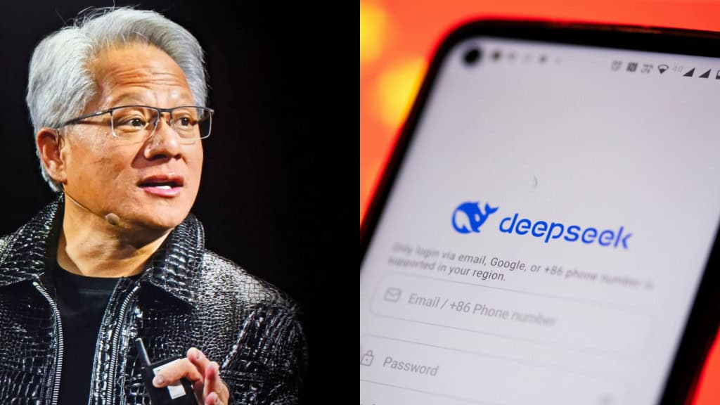 Montagem com fotos do CEO da Nvidia, Jensen Huang, e de celular com DeepSeek aberto