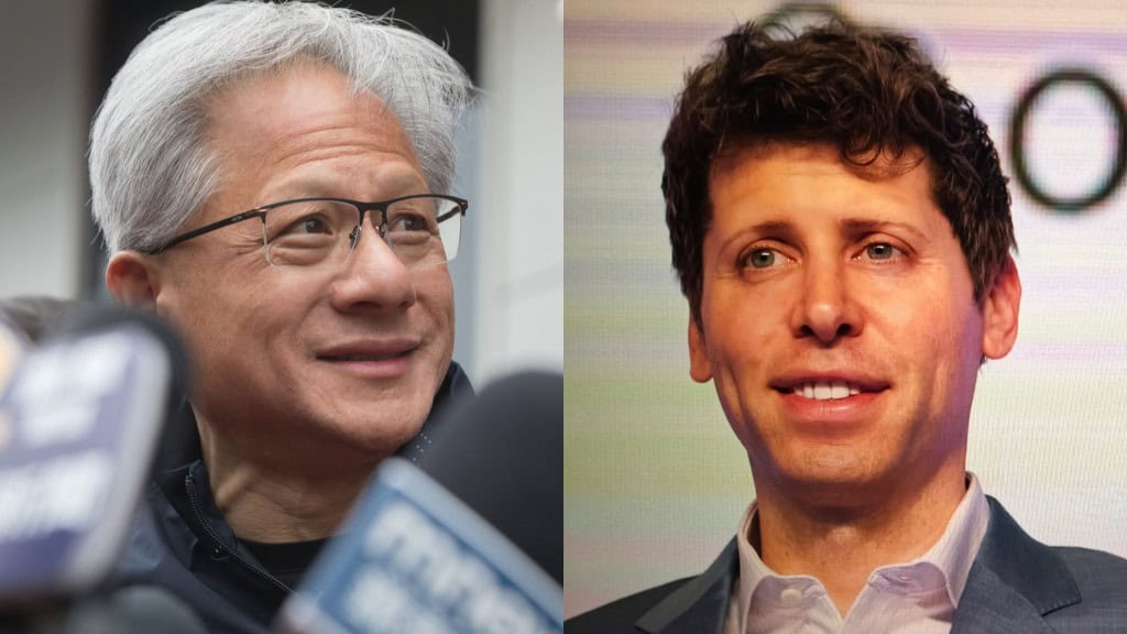 Da esquerda para a direita: CEO da Nvidia, Jensen Huang, e CEO da OpenAI, Sam Altman. Executivos estarão em encontro ministerial do G20. – Imagem: jamesonwu1972 e FotoField – Shutterstock