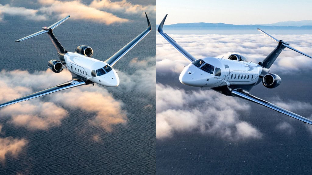 Montagem com fotos dos jatos Praetor 500E e Praetor 600E, da Embraer
