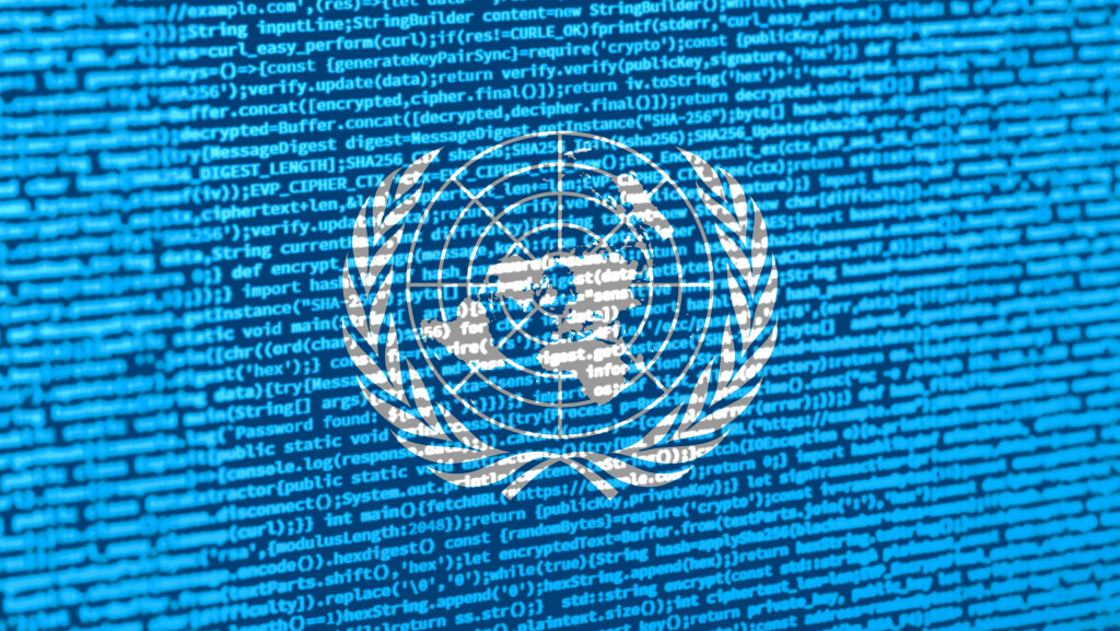imagem associando o logo da onu a elementos de internet e inteligência artificial