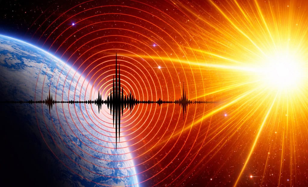 Imagem da Terra com um gráfico de sismógrafo