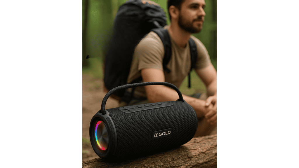 Caixa de som portátil em oferta: bateria para o dia todo e alça para levar onde quiser