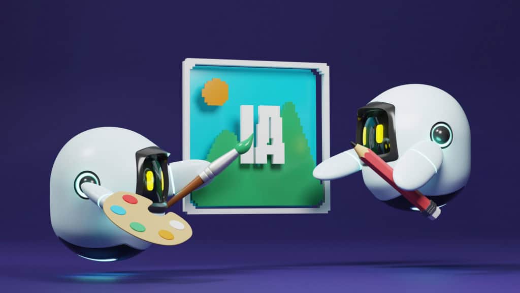 Ilustração de dois robôs pequenos fazendo pintura no estilo obra de arte com inteligência artificial (IA)