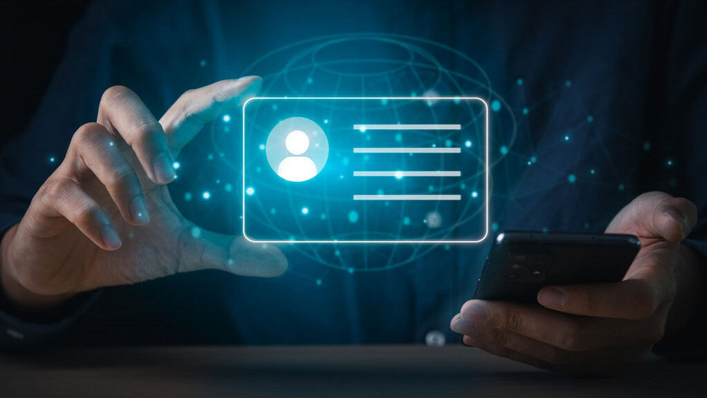 Ilustração de pessoa segurando documento de identidade em holograma enquanto está usando celular