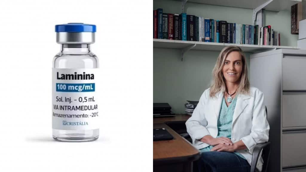 Montagem com imagens de frasco de laminina e da pesquisadora Tatiana Sampaio