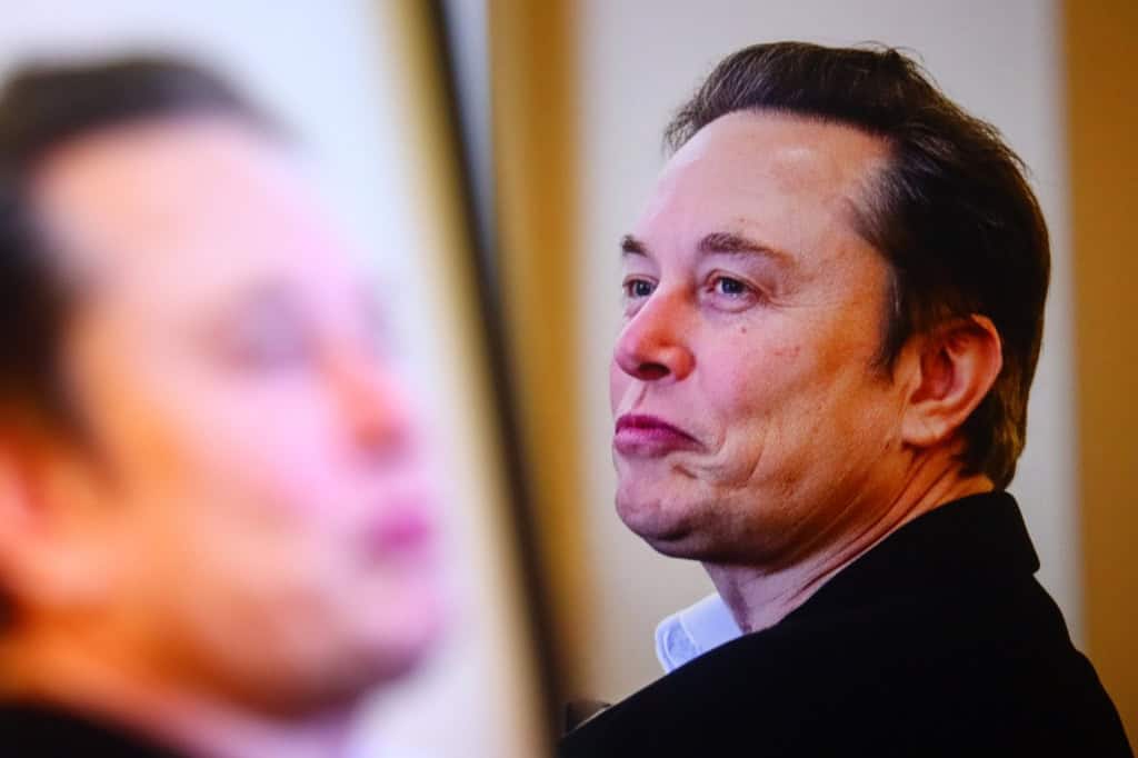 Elon Musk de perfil, à direita; à esquerda, reflexo borrado dele