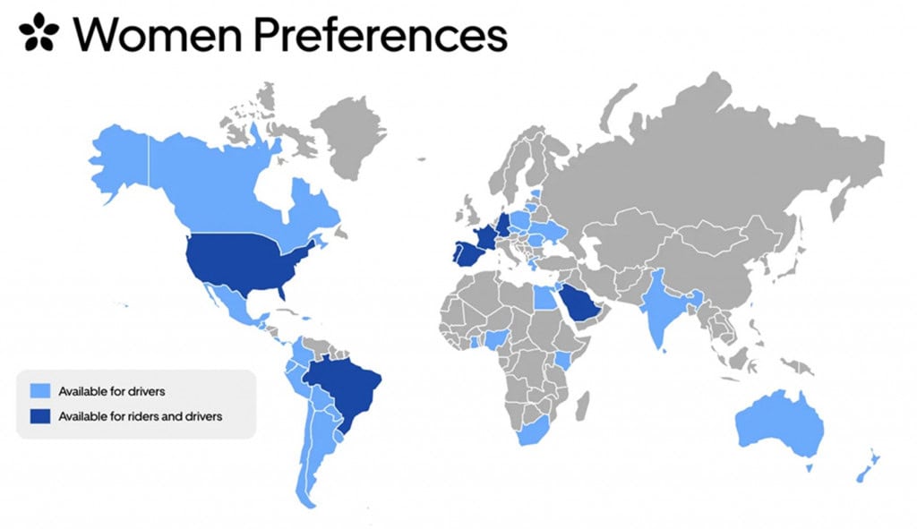 Mapa mostra onde os recursos da Uber já estão disponíveis para motoristas mulheres (em azul claro) e passageiras (em azul escuro)
