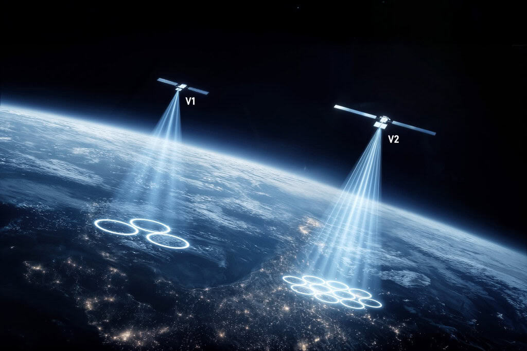 Ilustração digital em perspectiva espacial mostrando dois satélites Starlink orbitando a Terra à noite. À esquerda, o modelo 